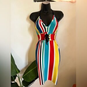 Fashion Nova Black and White Bodycon Halter Midi Dress